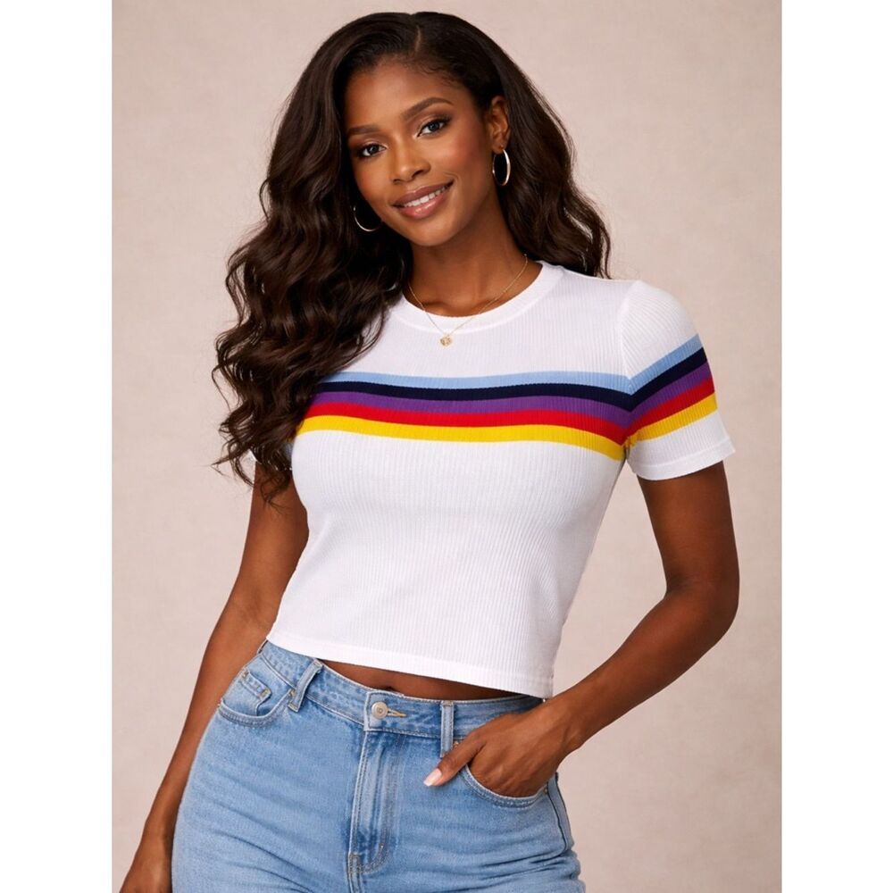 Retro Rainbow Stripe Ribbed Tee